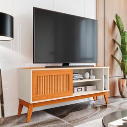 Rack Bancada Para Tv Até  55  Polegadas Aruba Com  Impressão 3D Ripado Off White  Cedro  EDN - 2