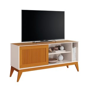 Rack Bancada Para Tv Até  55  Polegadas Aruba Com  Impressão 3D Ripado Off White  Cedro  EDN