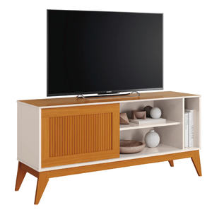 Rack Bancada Para Tv Até  55  Polegadas Aruba Com  Impressão 3D Ripado Off White  Cedro  EDN