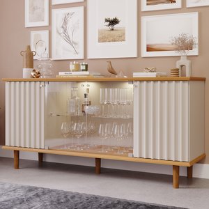 Buffet de Sala de Jantar 4 Portas com LED e Pés em Madeira Maciça Janice