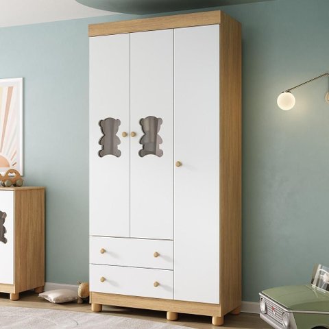 Guarda-roupa Infantil 92cm com Vidro 3 Portas e 2 Gavetas Fofura Multimóveis Mp4482 Madeirado/