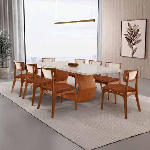 Sala de Jantar Mesa Ane 220cm Tampo Laqueado com Vidro Canto Moeda com 8 Cad Viena