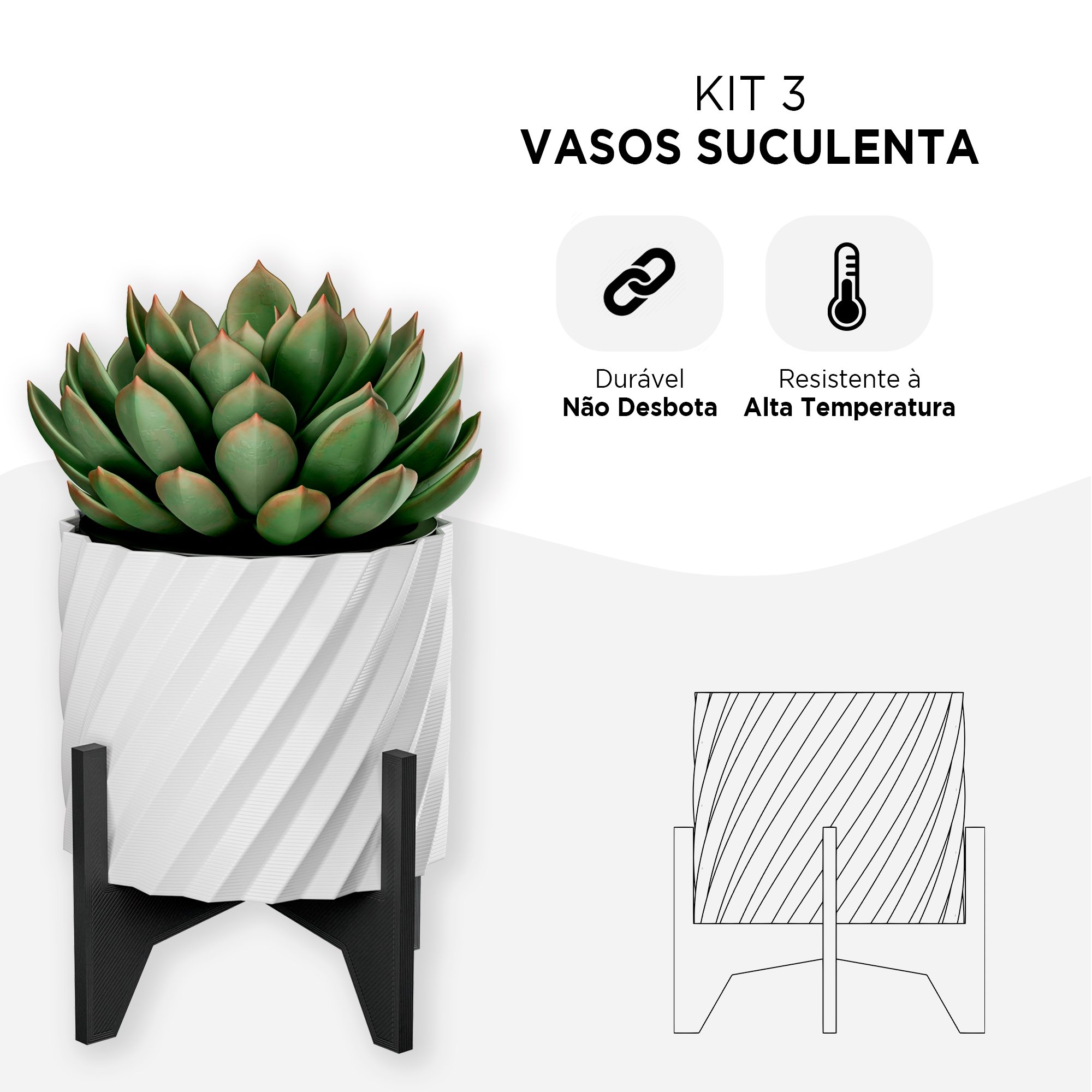 Transforme Ambientes com Suculentas Elegantes/vaso de Flor/plantas -vaso Branco/base Preta - 3