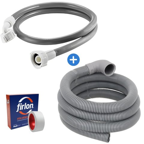 Mangueira Entrada + Saida Água Máquina De Lavar Universal 2m Metros Cinza + Fita Veda Rosca