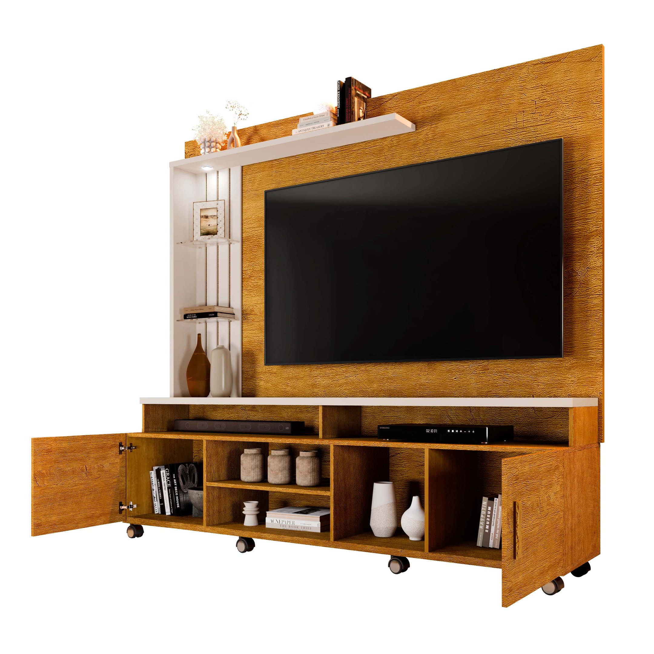 Estante Home Rack P/ Tv De 65 Pol C/ Led Rodinhas Prateleira:naturale ...