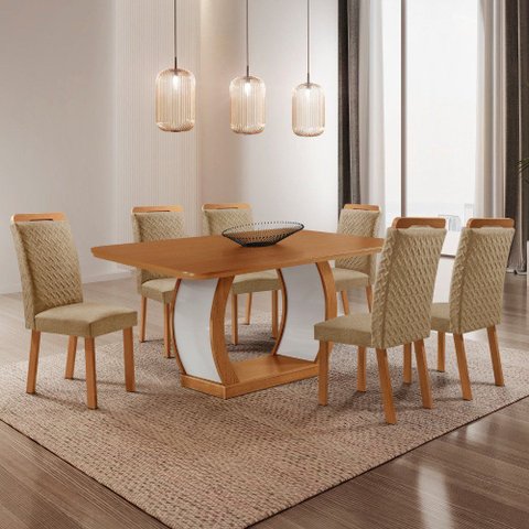 Mesa de Jantar Milena 180 cm Tampo MDF Laminado Canto Copo com 6 Cadeiras Aline