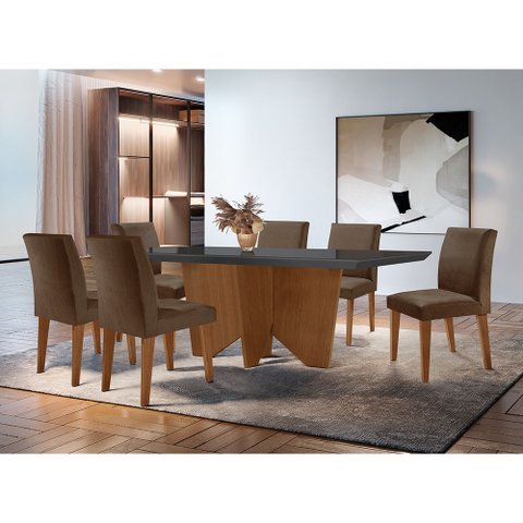 Sala de Jantar Mesa Evora 180 Mdf Vidro Canto Reto com 6 Cadeiras Grecia Rufato
