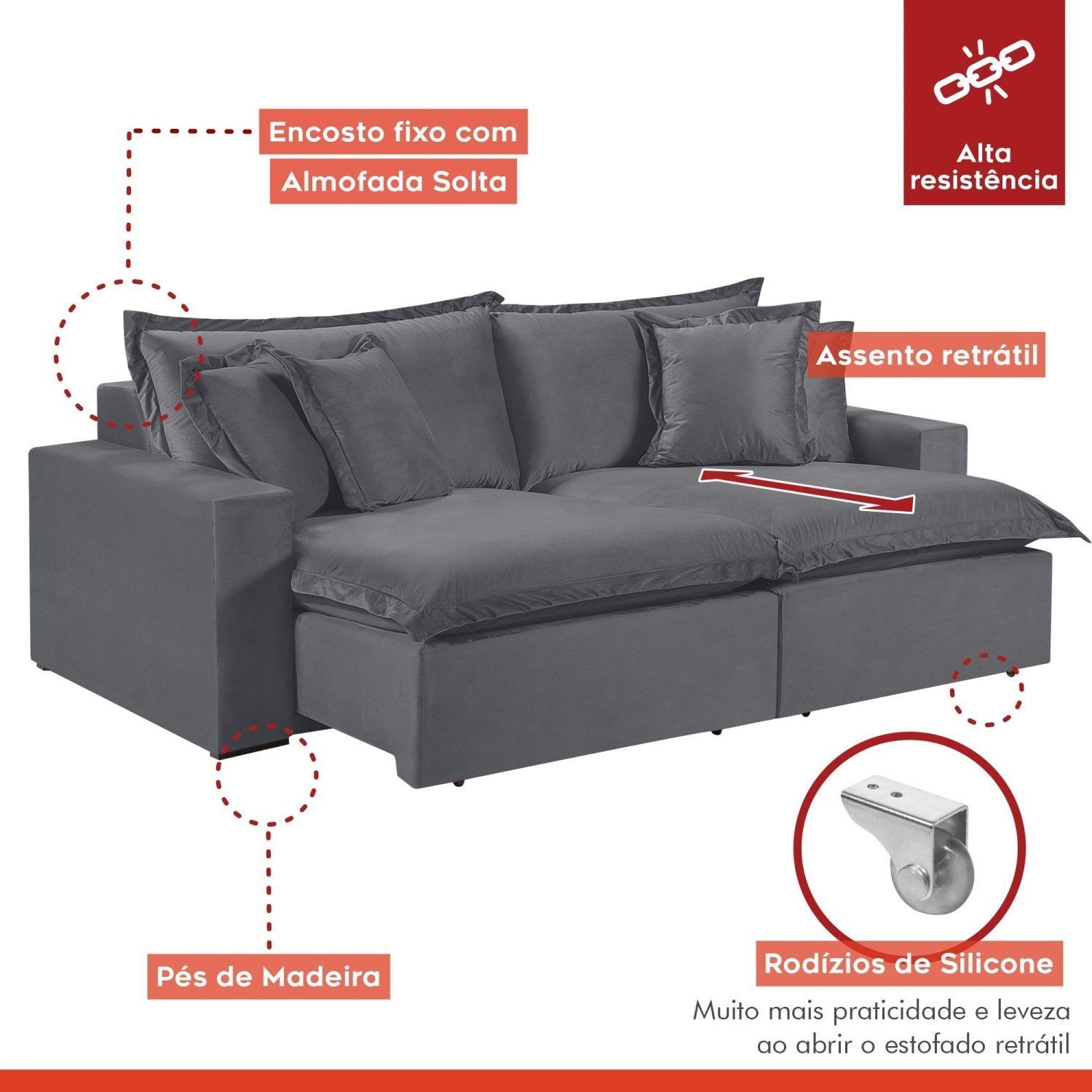 Sofá 3 Lugares Retrátil 240cm com Almofadas M145 - 9