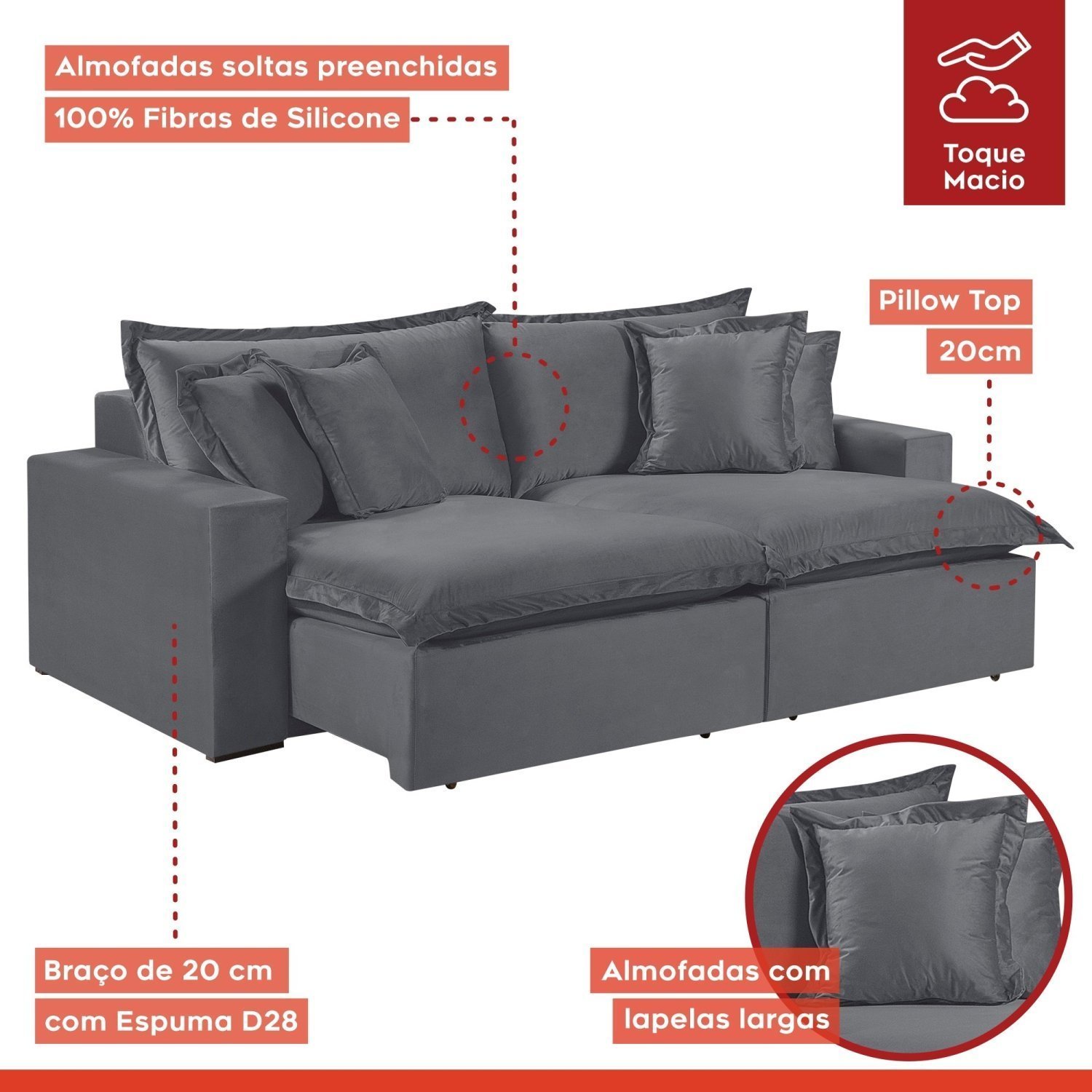 Sofá 3 Lugares Retrátil 240cm com Almofadas M145 - 4