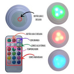 Kit 3 Luminárias Lâmpadas Redondas Adesivas a Pilhas Rgb - 3