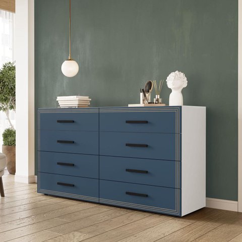 Cômoda Valência com 8 Gavetas 150x84cm Branco/Azul 240829