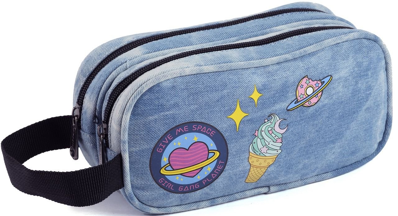 Kit Conjunto Mochila Feminina Juvenil Jeans com Patches Impermeável Grande Resistente Moderna + - Az - 3