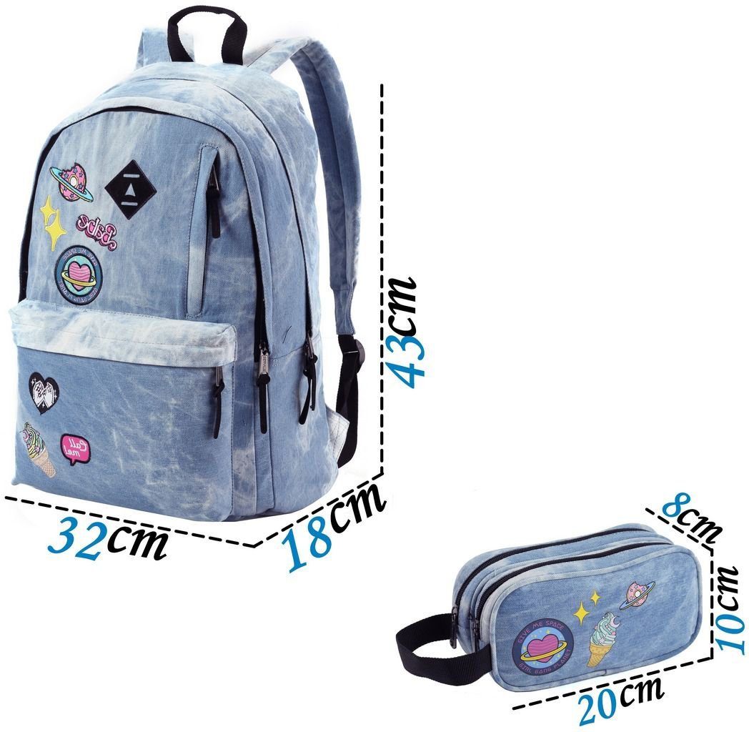 Kit Conjunto Mochila Feminina Juvenil Jeans com Patches Impermeável Grande Resistente Moderna + - Az - 2