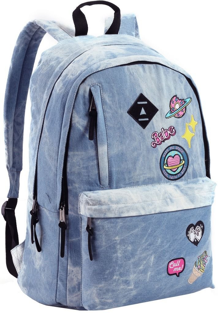 Kit Conjunto Mochila Feminina Juvenil Jeans com Patches Impermeável Grande Resistente Moderna + - Az - 6