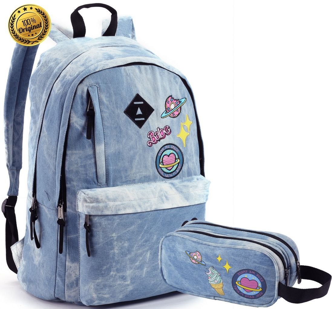 Kit Conjunto Mochila Feminina Juvenil Jeans com Patches Impermeável Grande Resistente Moderna + - Az - 1
