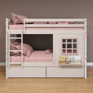 Beliche Infantil com Janela Gavetas e Cortina Madeira Maciça Branco/ Rosa Housin