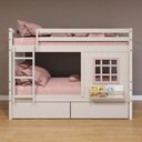 Ver imagem 1 de Beliche Infantil com Janela Gavetas e Cortina Madeira Maciça Branco/ Rosa Housin