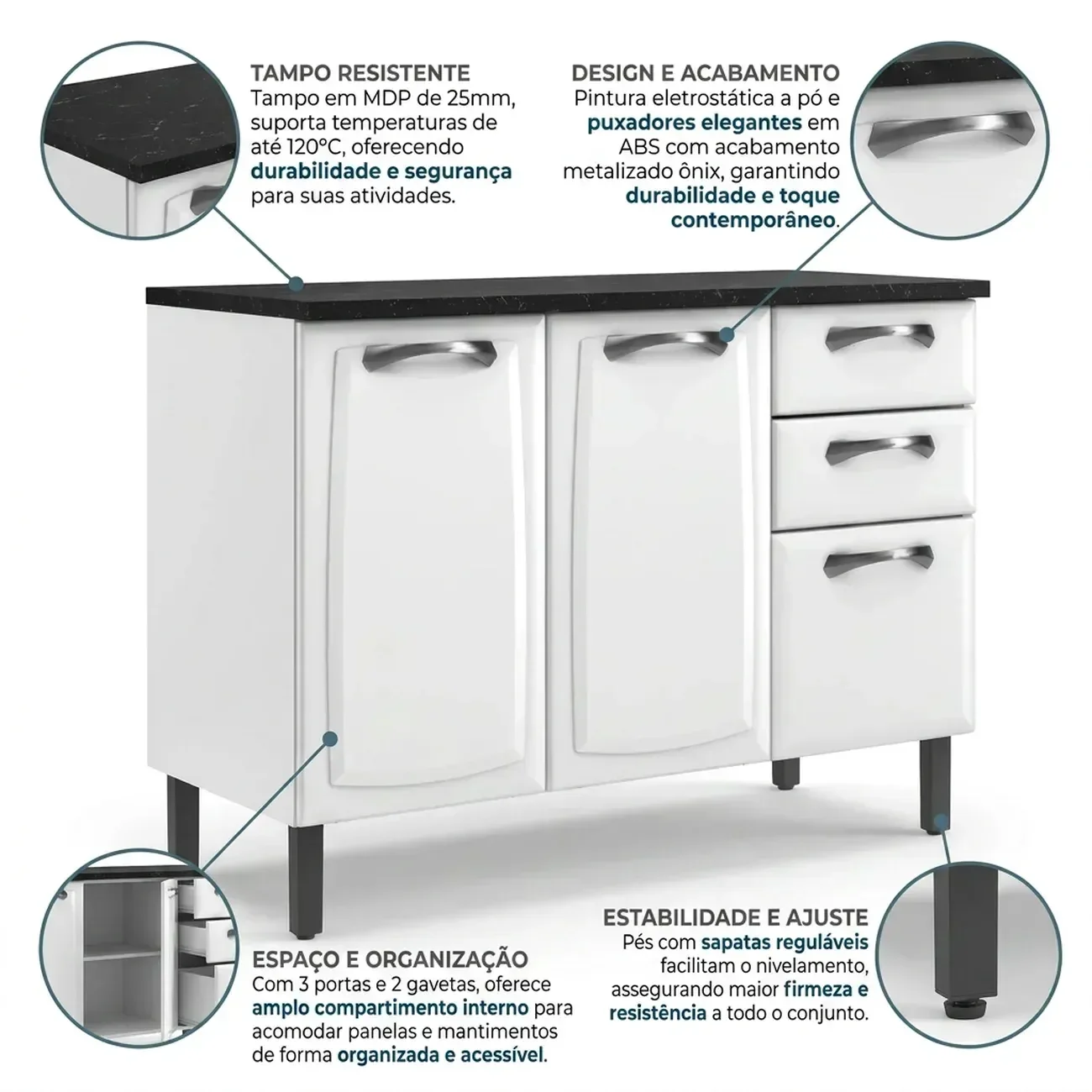 Ver imagem 6 de Balcão de Cozinha em Aço 3 Portas e 2 Gavetas com Tampo 120cm New Premium Itatiaia Branco