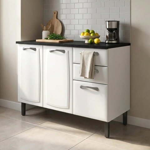 Balcão de Cozinha em Aço 3 Portas e 2 Gavetas com Tampo 120cm New Premium Itatiaia Branco