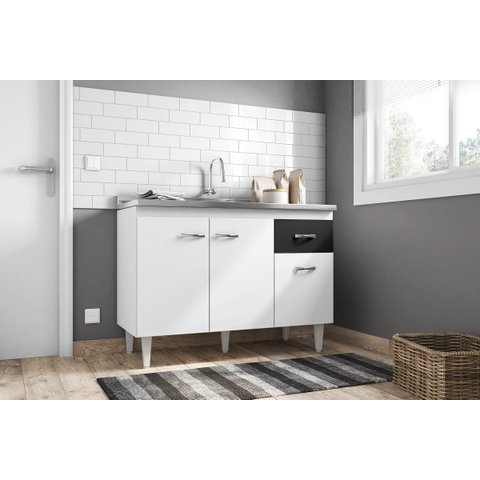 Balcão Armário de Cozinha Gabriela 120cm Branco/Preto S/Tampo - AJL Móveis