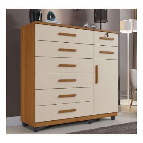 Cômoda New Vitória 8 Gavetas 1 Porta Benetil Móveis - Cinamomo/off