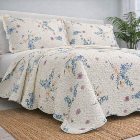 Kit Cobre Leito Evolution Casal Estampado Floral Dupla Face Colcha 3 Peças Lila