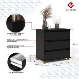 Mesa De Cabeceira Mini Cômoda Criado 3 Gavetas Para Quarto:Black - 2