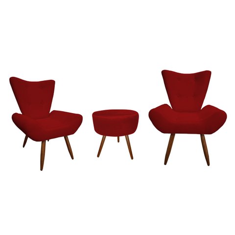 Kit 2 Poltronas Decorativa Emilia + Puff Redondo Suede Vermelho Pés Madeira Ms Decor