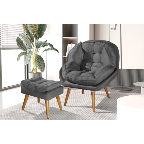 Poltrona+puff Sênior Suede Premium com Pés de Madeira:grafite