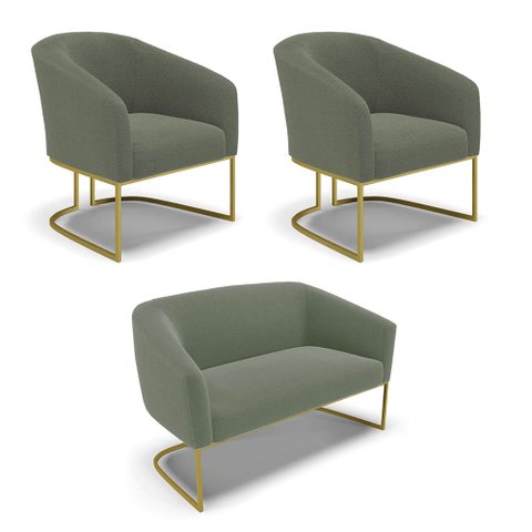 Namoradeira e 2 Poltronas Industrial Dourado Stella Bouclê Menta D03 - D'Rossi