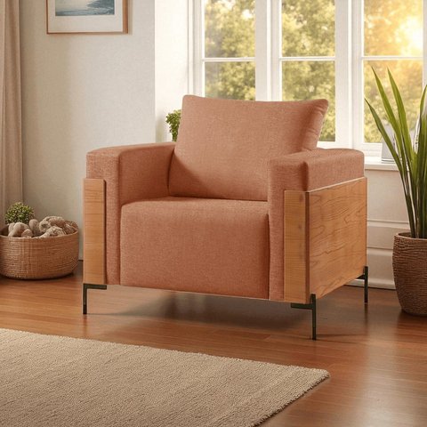 Poltrona para Sala de Estar Metal Madeira Maciça Heitor Luxo Laranja Terracota