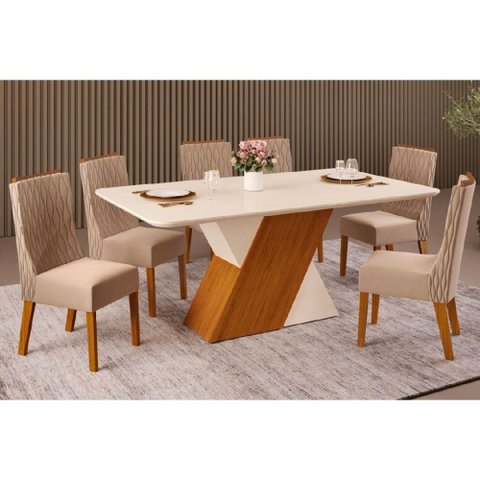 Sala de Jantar Completa Rubi C/ Tampo Madeirado C/ Vidro 170x90cm e 6 Cadeiras Jade Freijo/off White