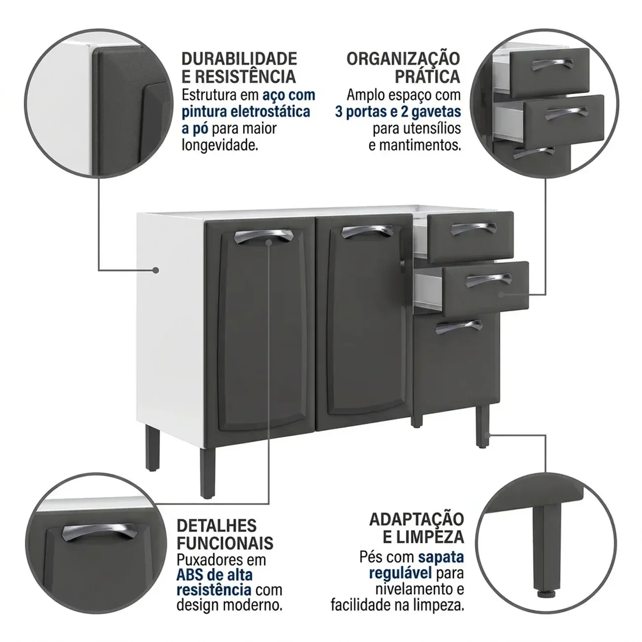 Ver imagem 7 de Balcão de Cozinha em Aço 3 Portas 2 Gavetas 120cm sem Tampo New Premium Itatiaia Cinza Grafite/Branco