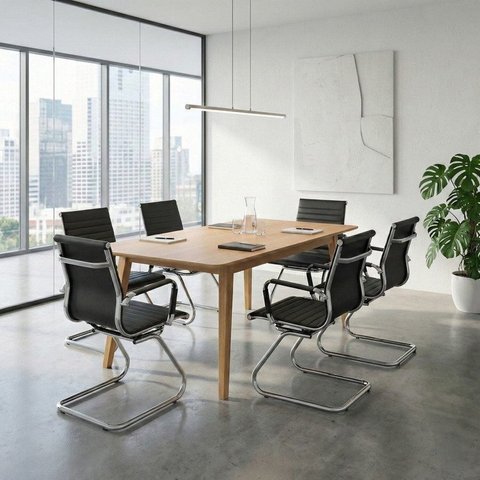 Kit 7 Peças com Mesa de Reunião e 6 Cadeiras Fixa Esteirinha Corino Espresso Móveis Marrom/Freijo/Preto