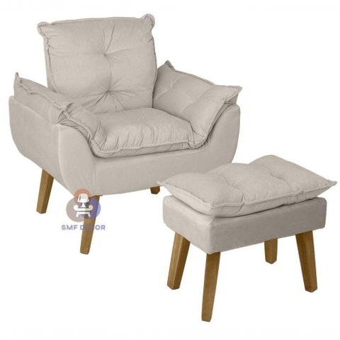 Poltrona/cadeira Decorativa e Puff Glamour com Pés Quadrado Bege