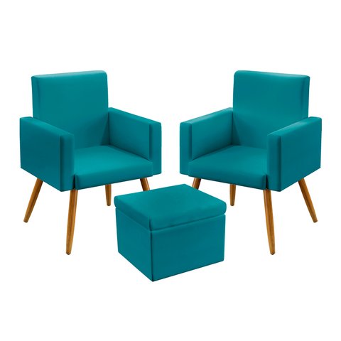Kit 2 Poltronas Vega Com Puff Quasar Suede Azul Turquesa Aradecor