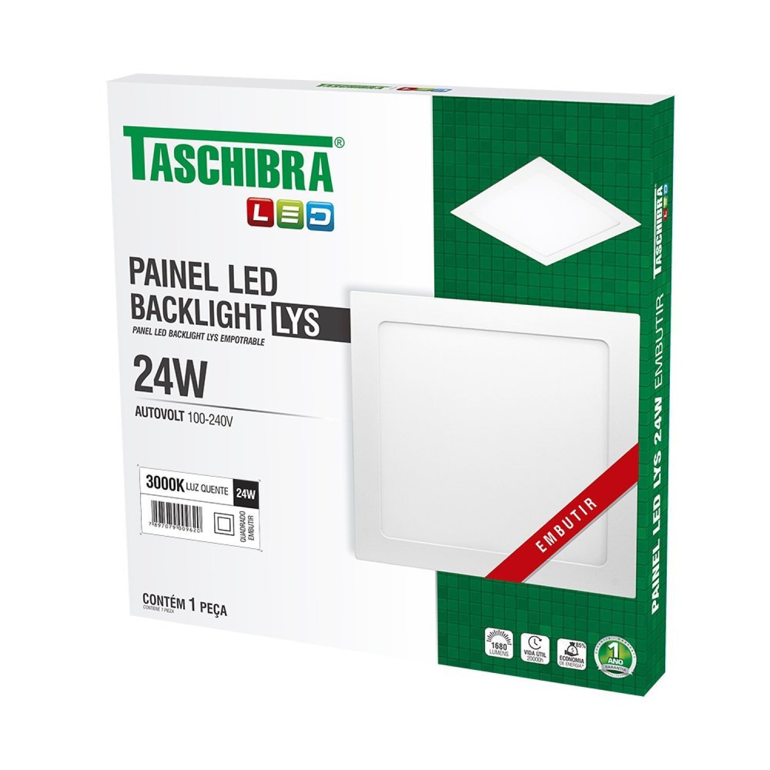 Painel LED 24w Lys Quadrado Embutir 3000k 15140167 Taschibra - 3