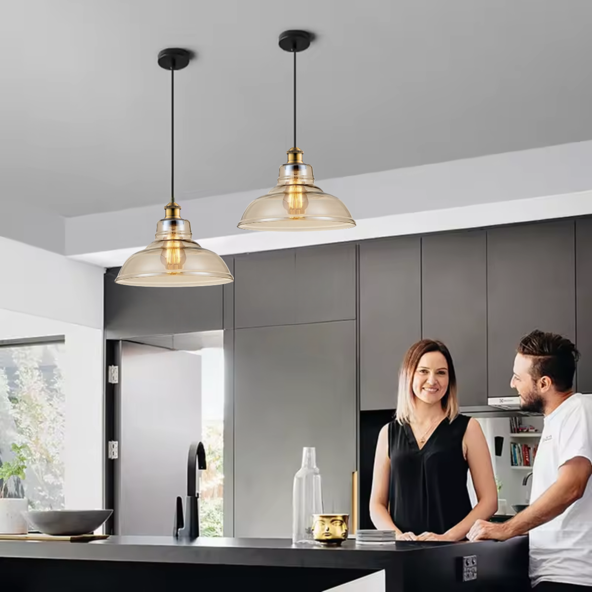 Ver imagem 2 de Luminária Lustre Pendente Teto 28x22cm Vidro Âmbar Industrial Retrô Vintage E27 Gimpo Kjdd-e-188