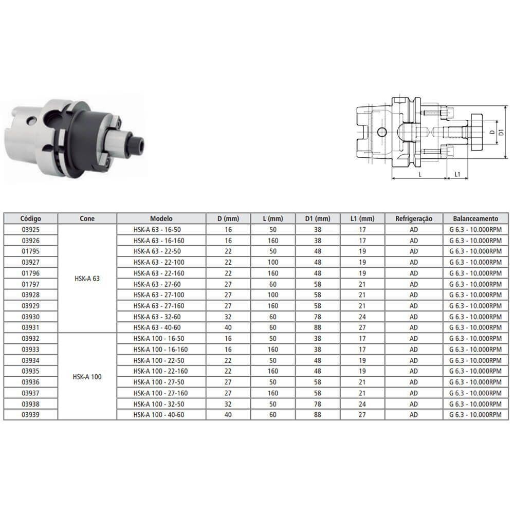 Porta Fresa Facear Modelo Hsk-a 63 - 32 - 60 - Din 69893/ Din 3937 - 10