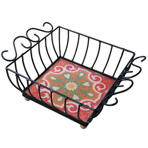 Fruteira de Mesa Ferro e Azulejo Quadrada Grande pra Cozinha Azulejo G3