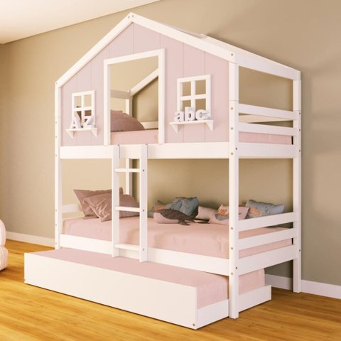 Treliche Casinha Dos Sonhos Madeira Maciça Rosa/ Branco Housin
