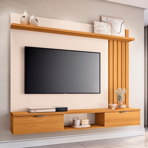 Painel Tv 55 Pol 160cm Bancada Suspensa Lets Cinamomo/off - Hb Móveis