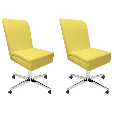 Kit 02 Cadeira Ana Giratória Metal Com Rodízio Suede Amarelo E Sintético Vermelho