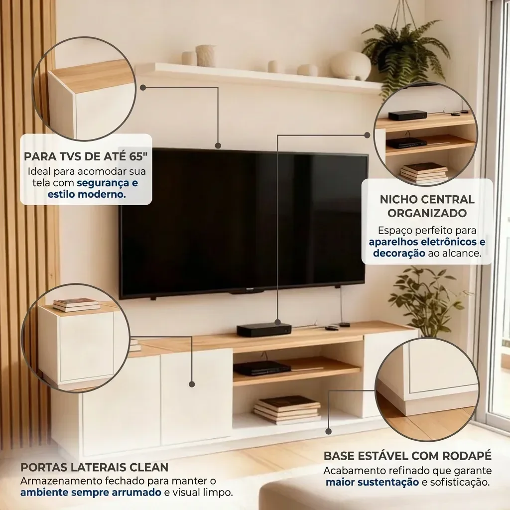 Ver imagem 4 de Rack MDF 155cm Portas Nicho Central e Rodapé Branco/Naturale