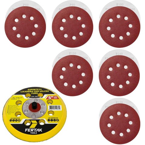 Suporte para Disco de Lixa Aderente 125mm 8 Furos + 30 Discos Lixa 125mm