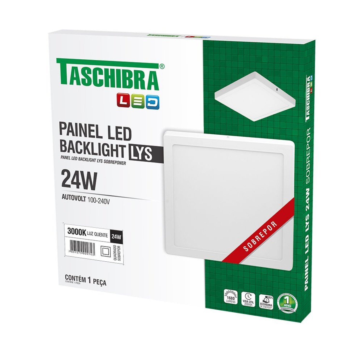 Painel LED 24w Lys Quadrado Sobrepor 3000k 15140179 Taschibra - 3