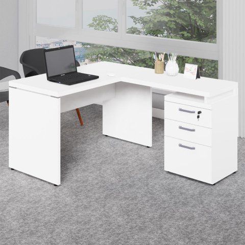 Mesa em L 1,20m com Gaveteiro 3 Gavetas Pés Painel F5 Office Cor:branco