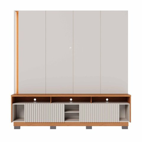 Home Theater Jordão com Painel Chanfrado c/ LED Nas Prateleiras com Pés - Off White Matte/Freijó