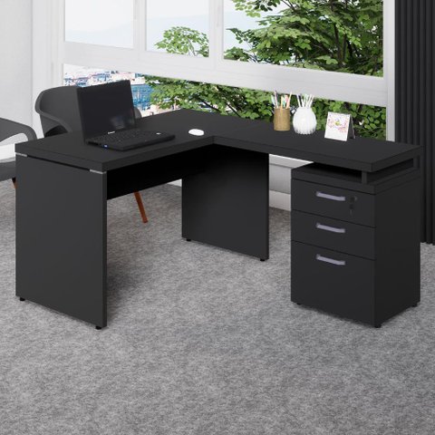 Mesa em L 1,20m com Gaveteiro 3 Gavetas Pés Painel F5 Office Cor:preto