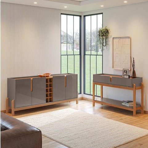 Buffet 190cm e Aparador 2 Gavetas com Pés de Madeira Maciça Lizz Cinza/Perola/Cedro